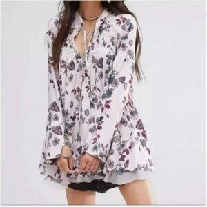Free People Pebble Crepe Smocked Tunic Top Blouse Floral Lavender Sz M